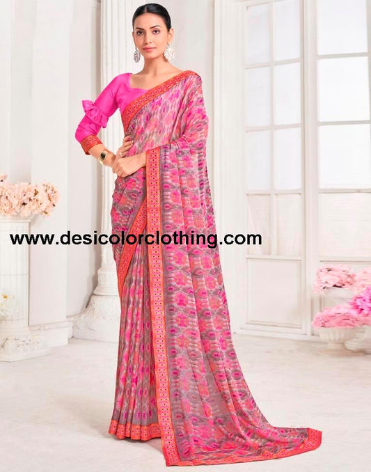 Pink Chiffon Printed Saree