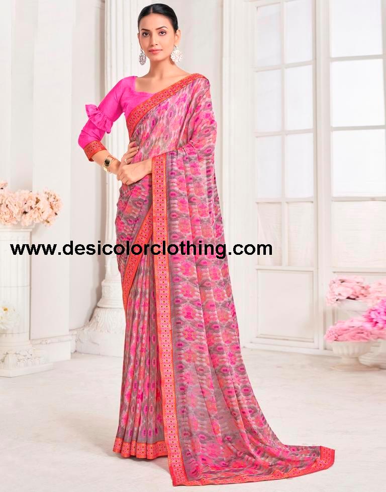 Pink Chiffon Printed Saree