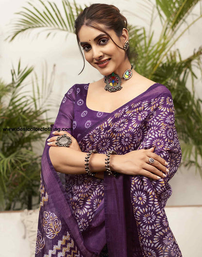 Deep Purple Cotton Printed Saree