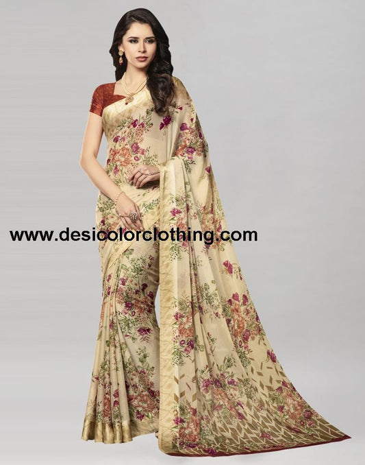 Beige Printed Chiffon Saree