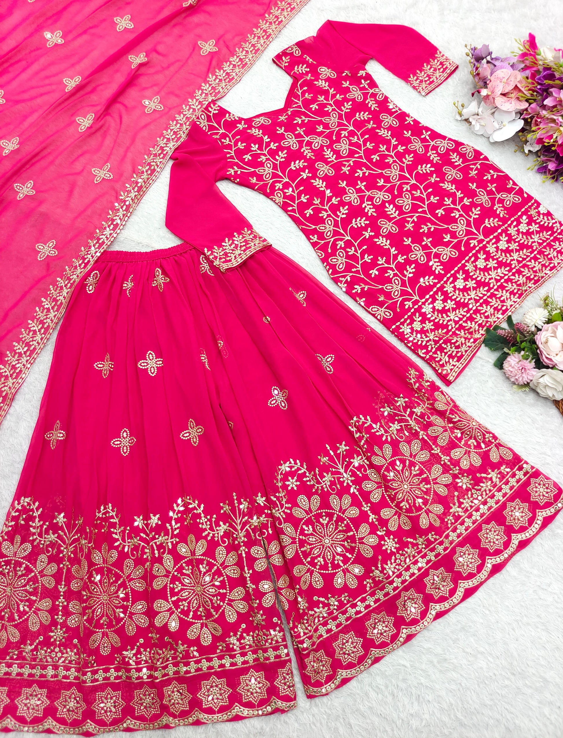 Product Image - Exquisite Pure Georgette Top-Plazzo With Dupatta Set - Ready to Wear