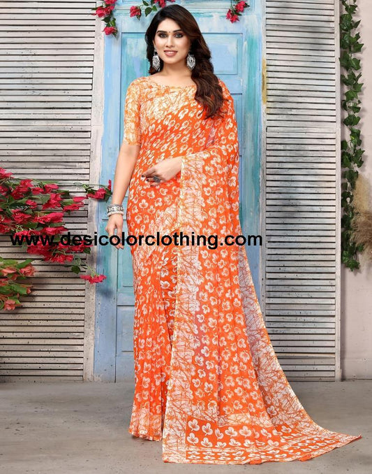 Orange Chiffon Printed Saree