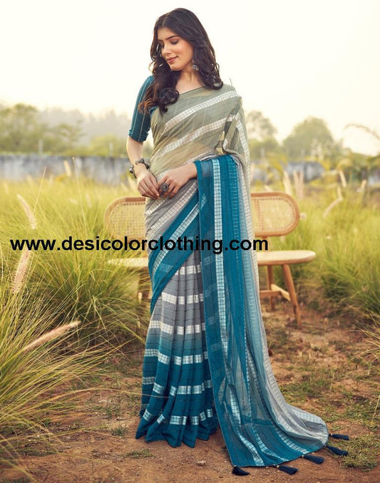 Teal Blue Georgette Plain Saree