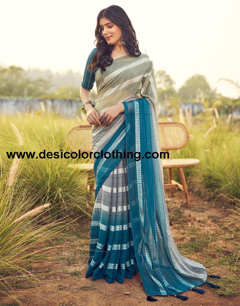 Teal Blue Georgette Plain Saree