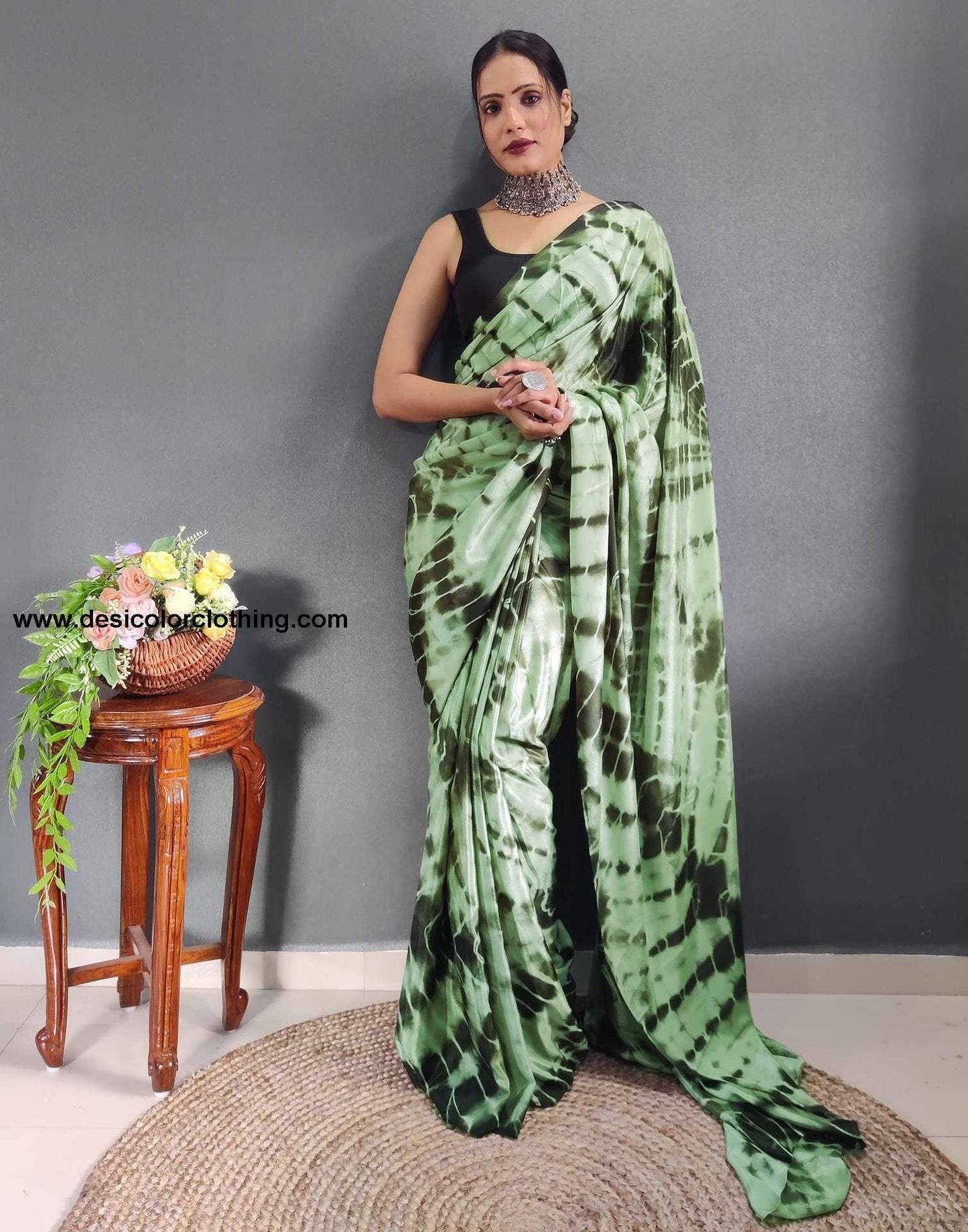 Dull Green Printed Silk Pre-draped Saree