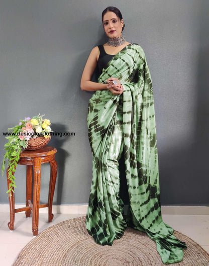 Dull Green Printed Silk Pre-draped Saree