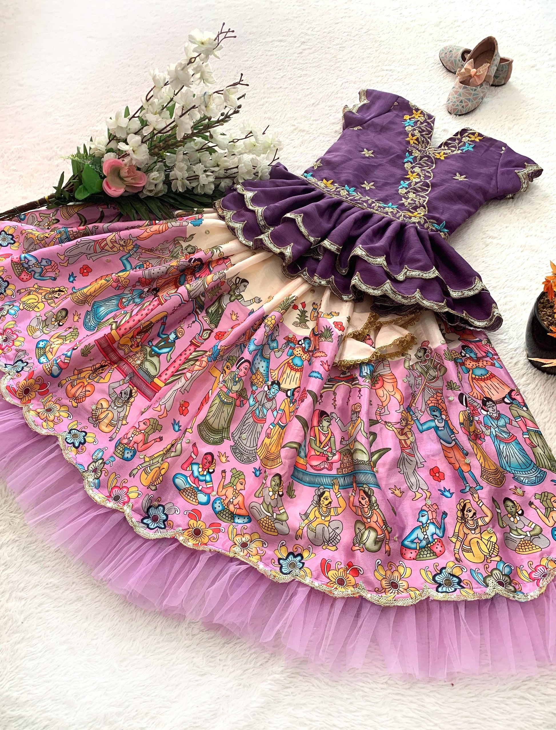 Product Image - Trending Kalam Kari Printed & Embroidered Lehenga Blouse for Kids