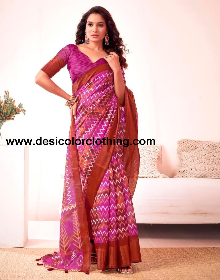 Rust Cotton Printed Saree