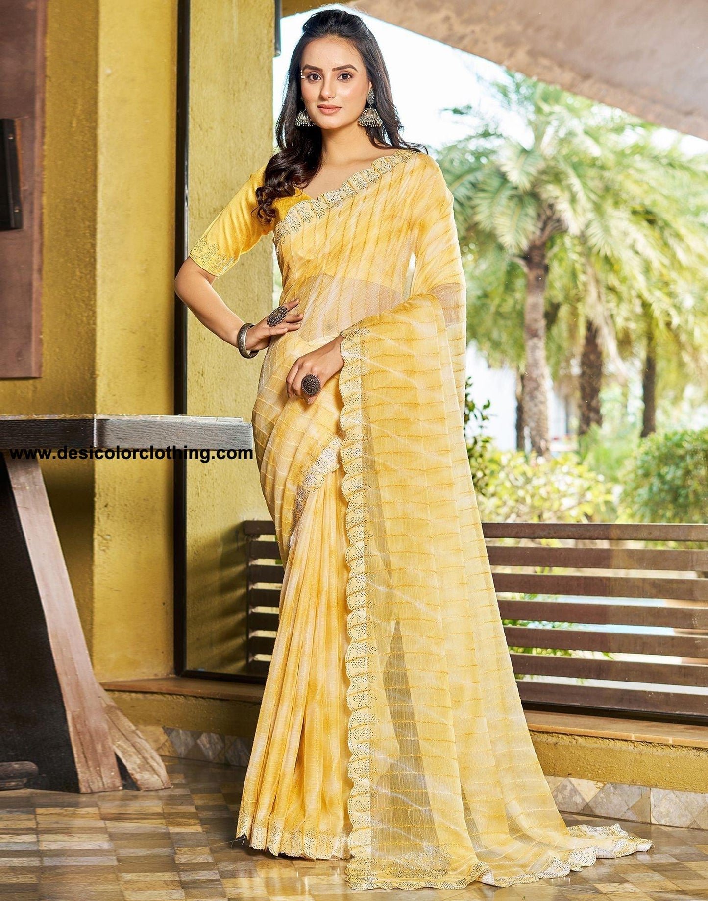 Yellow Printed Chiffon Saree