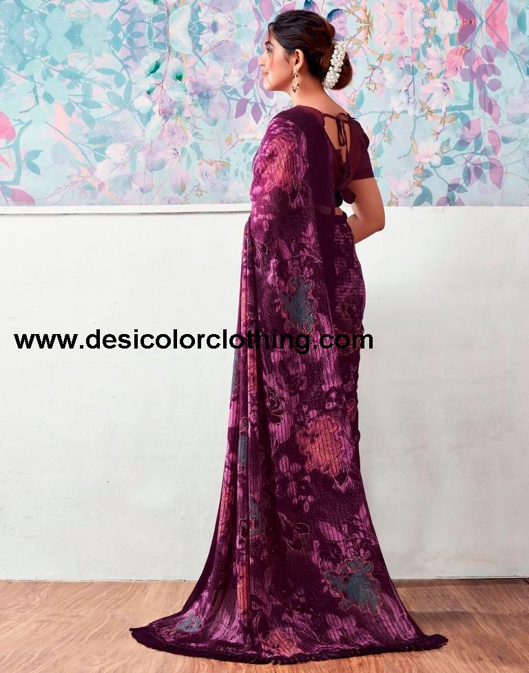 Deep Purple Georgette Printed Sarees
