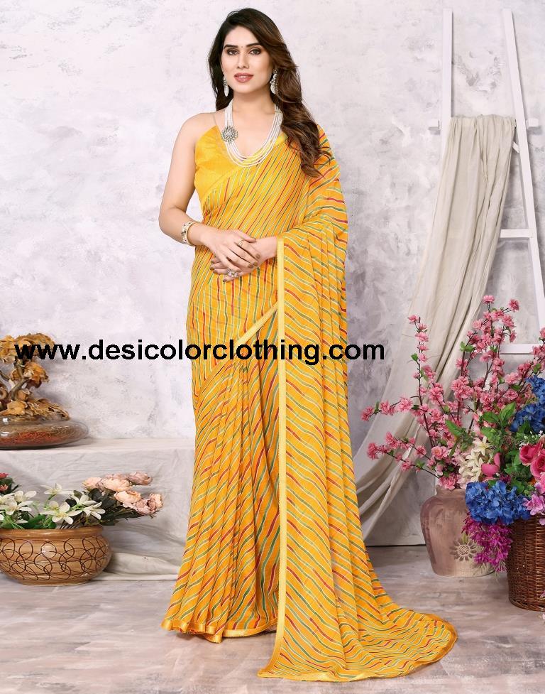 Turmeric Yellow Chiffon Leheriya Printed Saree