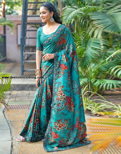 Teal Blue Printed Silk Saree