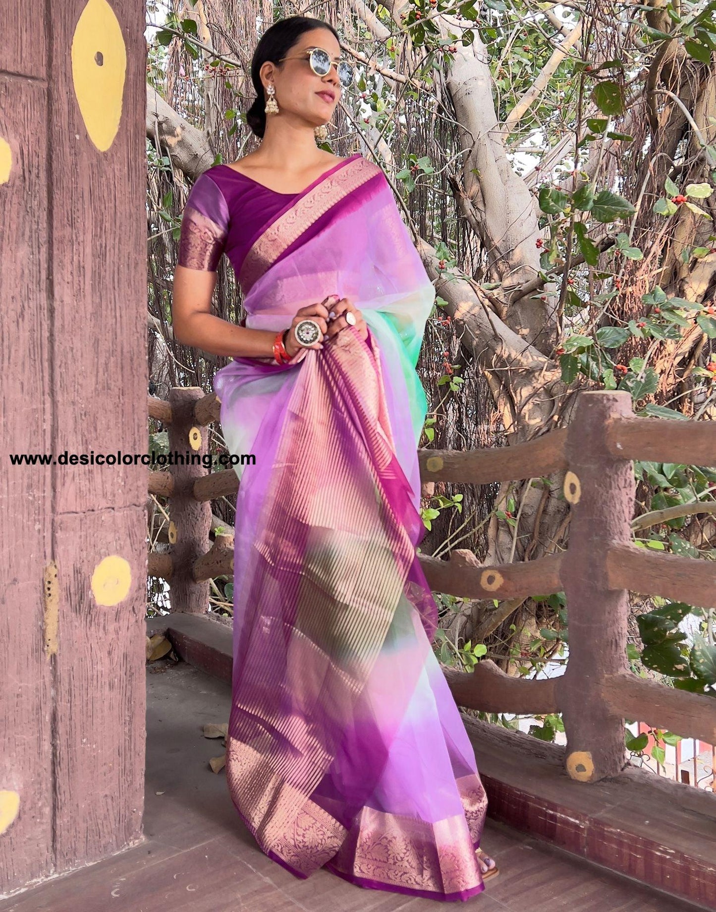 Dark Purple Plain Organza Saree