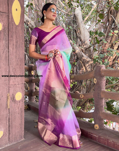 Dark Purple Plain Organza Saree