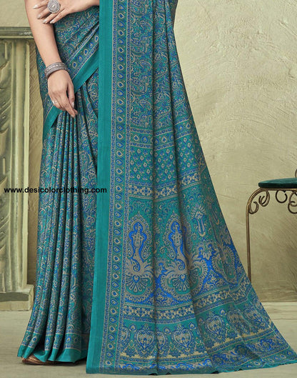 Rama Green Silk Floral Printed Saree