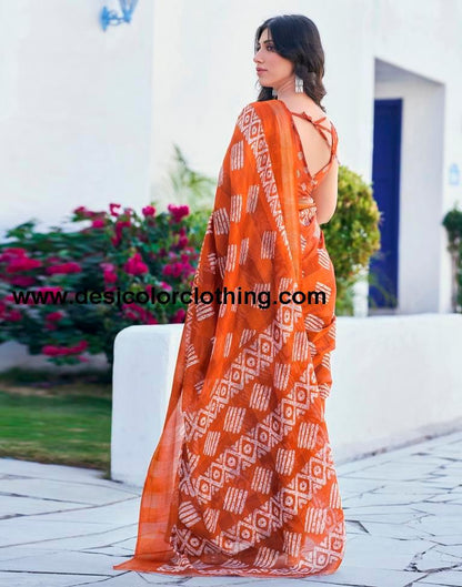 Rust Printed Cotton Saree