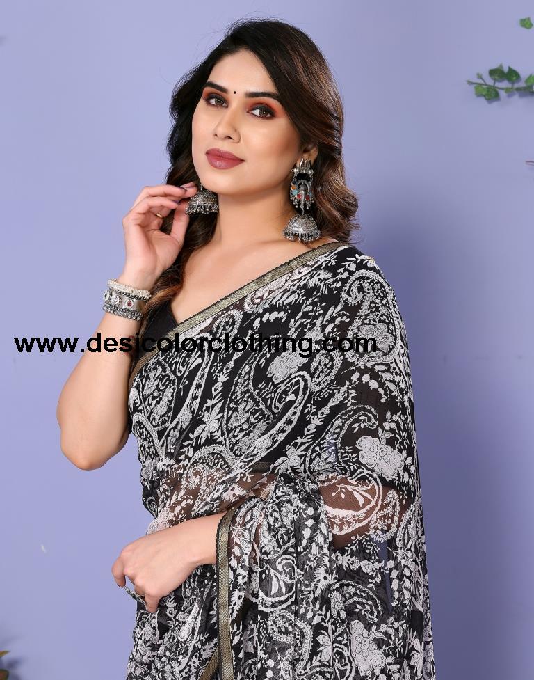 Black Chiffon Printed Saree