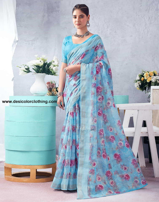 Blue Printed Cotton Saree