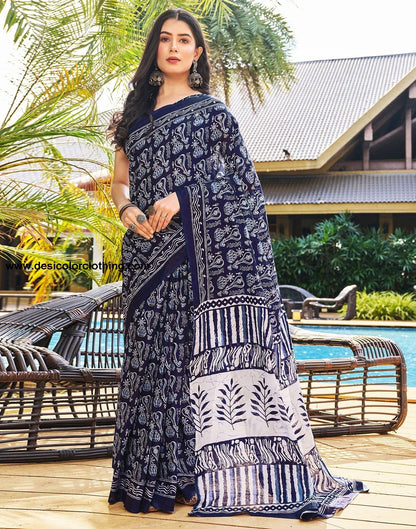 Dark Blue Printed Cotton Pre-Draped Saree