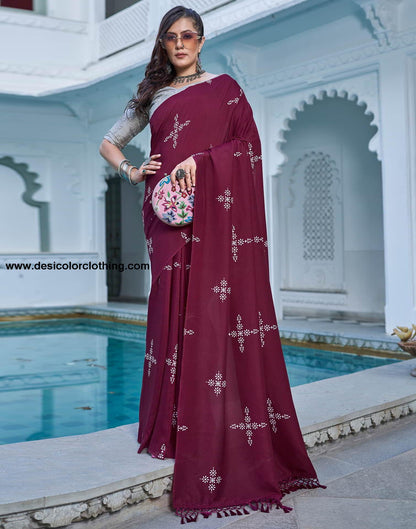 Wine Printed Cotton Saree