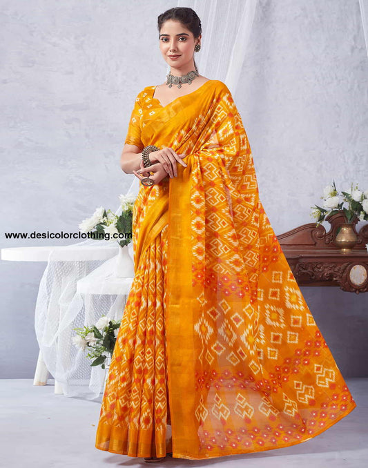 Yellow Printed Cotton Geometric Saree