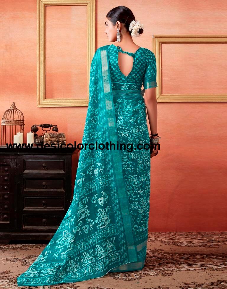 Teal Blue Cotton Zari Saree
