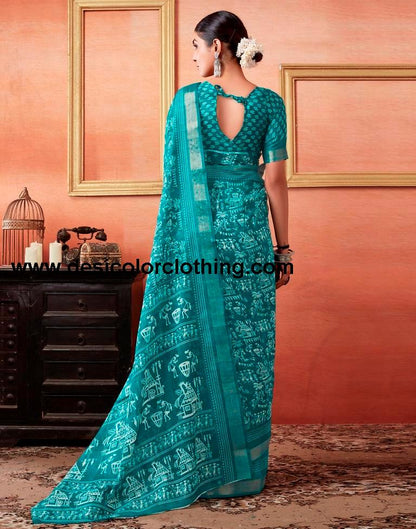 Teal Blue Cotton Zari Saree