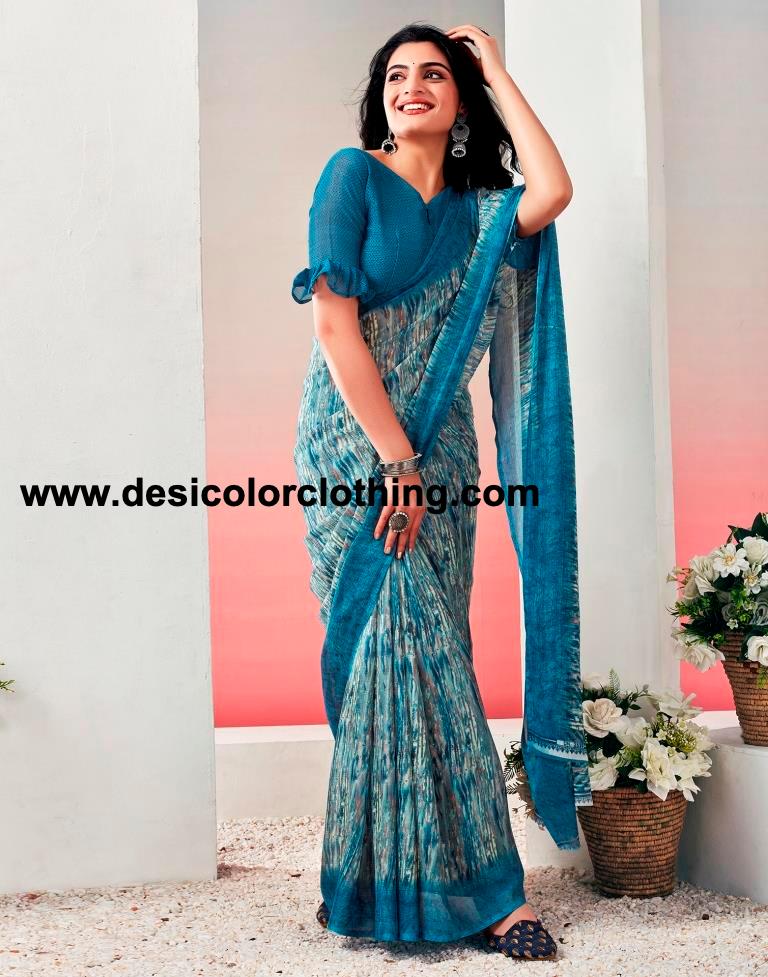 Teal Blue Chiffon Printed  Saree