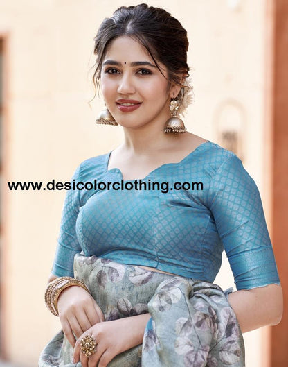 Dusty Green Silk Printed Sarees