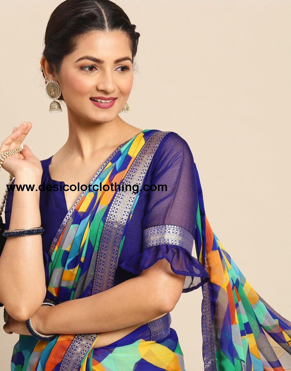 Royal Blue Coloured Chiffon Geometric Printed Saree | SLV2212S1032