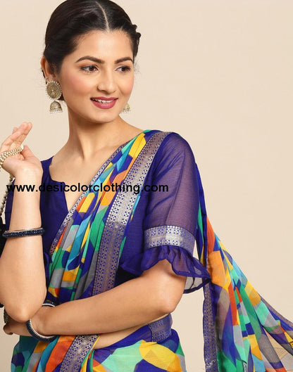 Royal Blue Coloured Chiffon Geometric Printed Saree | SLV2212S1032