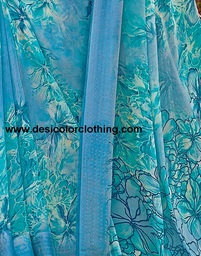 Steel Blue Georgette Printed Saree
