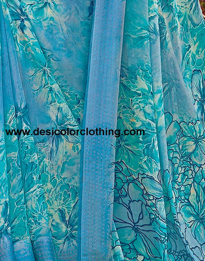 Steel Blue Georgette Printed Saree