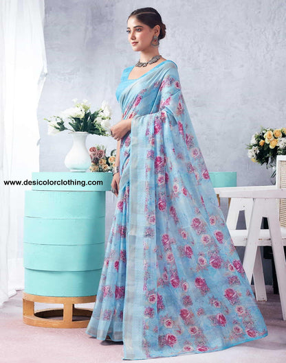 Blue Printed Cotton Saree