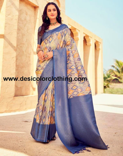 Blue Silk Printed Ready To Wear