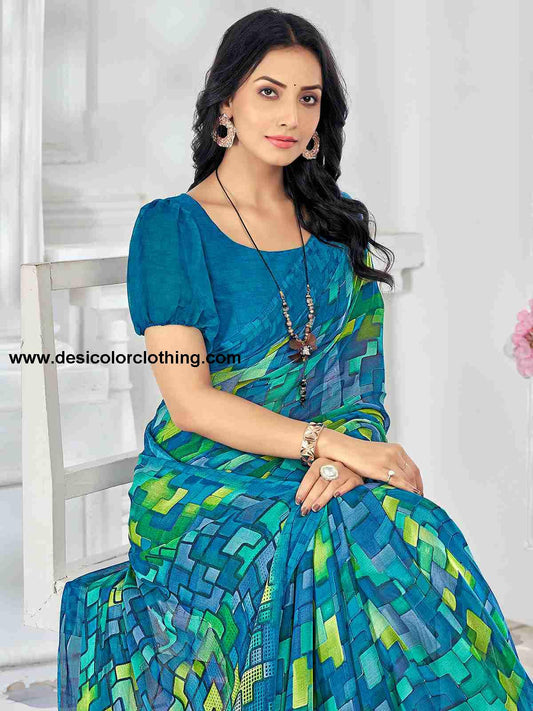 Blue Chiffon Printed Saree