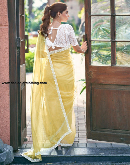 Yellow Net Plain Saree
