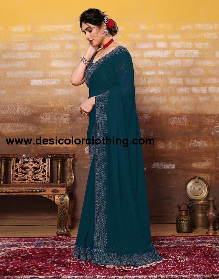 Dark Teal Blue Plain Georgette Saree