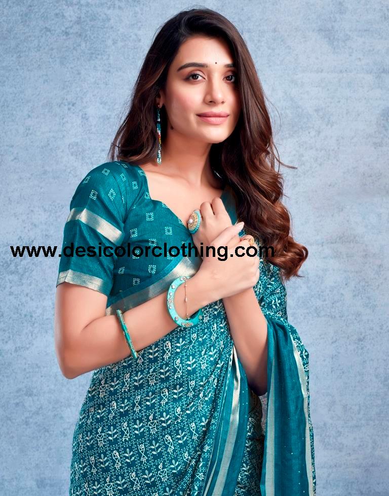 Teal Blue Silk Printed  Saree