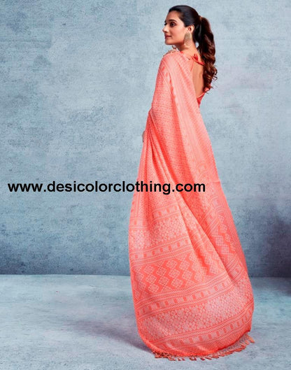 Peach Chiffon Printed  Saree