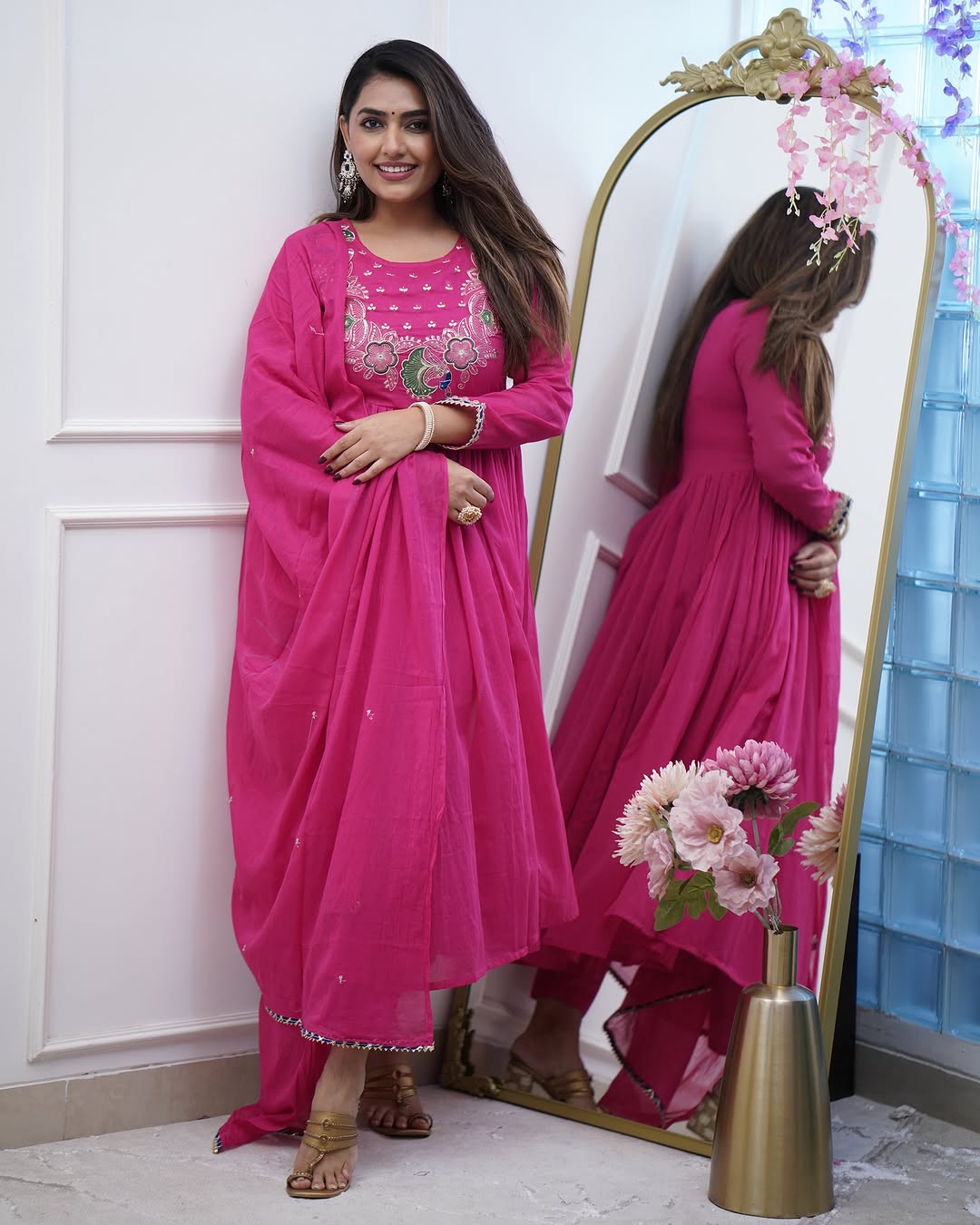 Product Image - Designer Cotton Anarkali Suit Set with Embroidered Dupatta - Festive & Wedding Wear