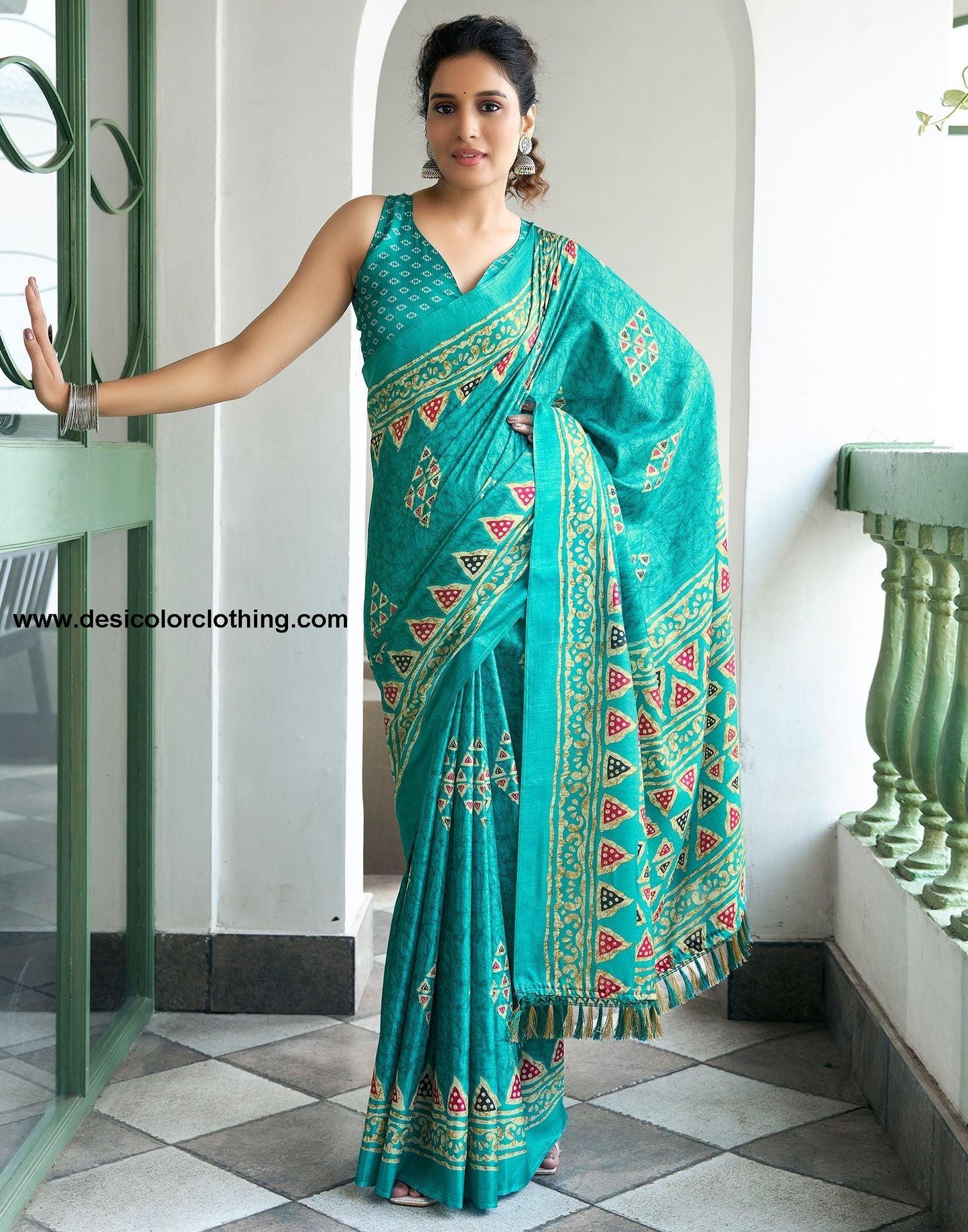 Turquois Printed Silk Saree