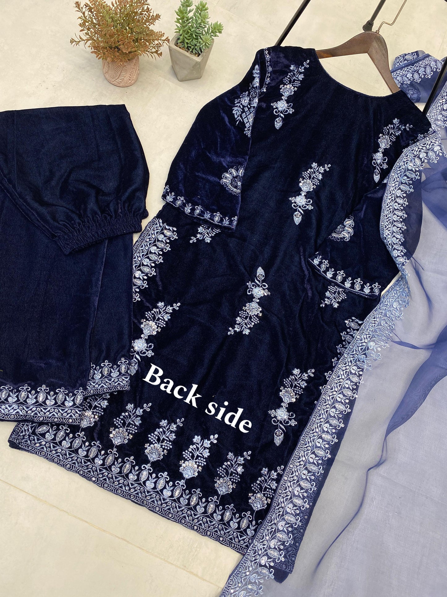 Product Image - Adorable Heavy Velvet Sequence Embroidery Work Suit with Plazo and Dupatta