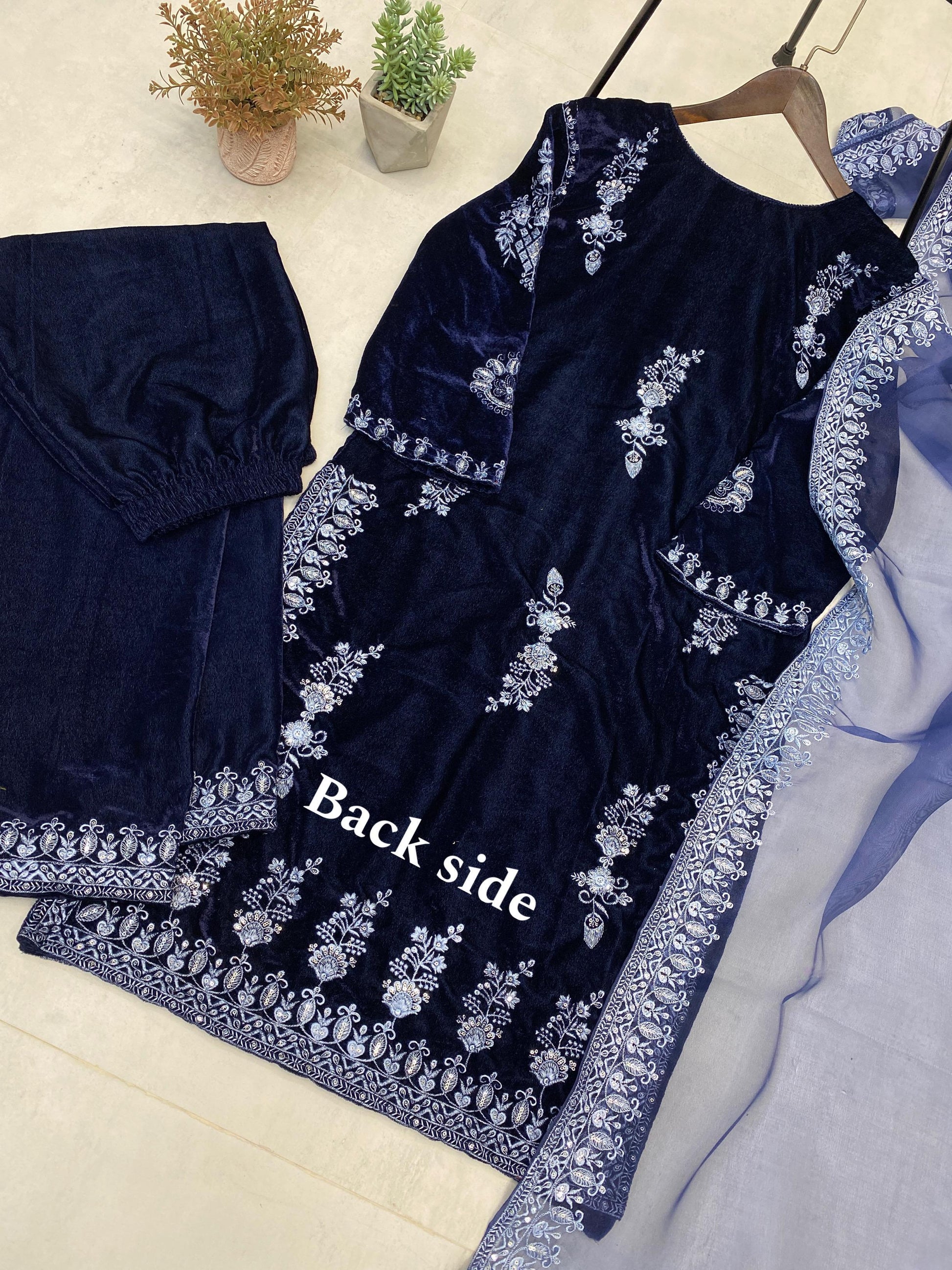 Product Image - Adorable Heavy Velvet Sequence Embroidery Work Suit with Plazo and Dupatta
