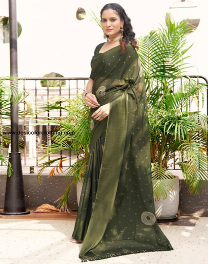 Dark Olive Green Printed Chiffon Saree