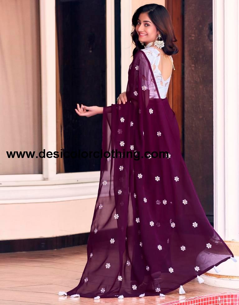 Deep Purple Georgette Embroidery Saree