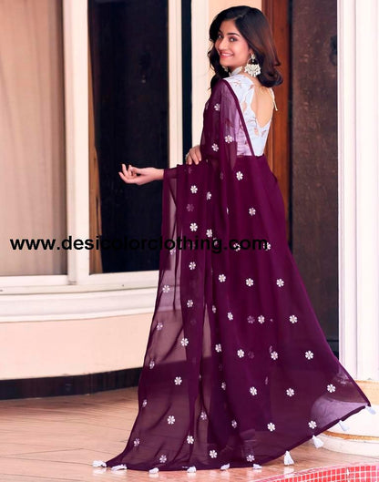 Deep Purple Georgette Embroidery Saree