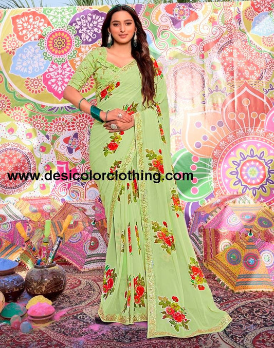 Pista Green Georgette Printed Saree