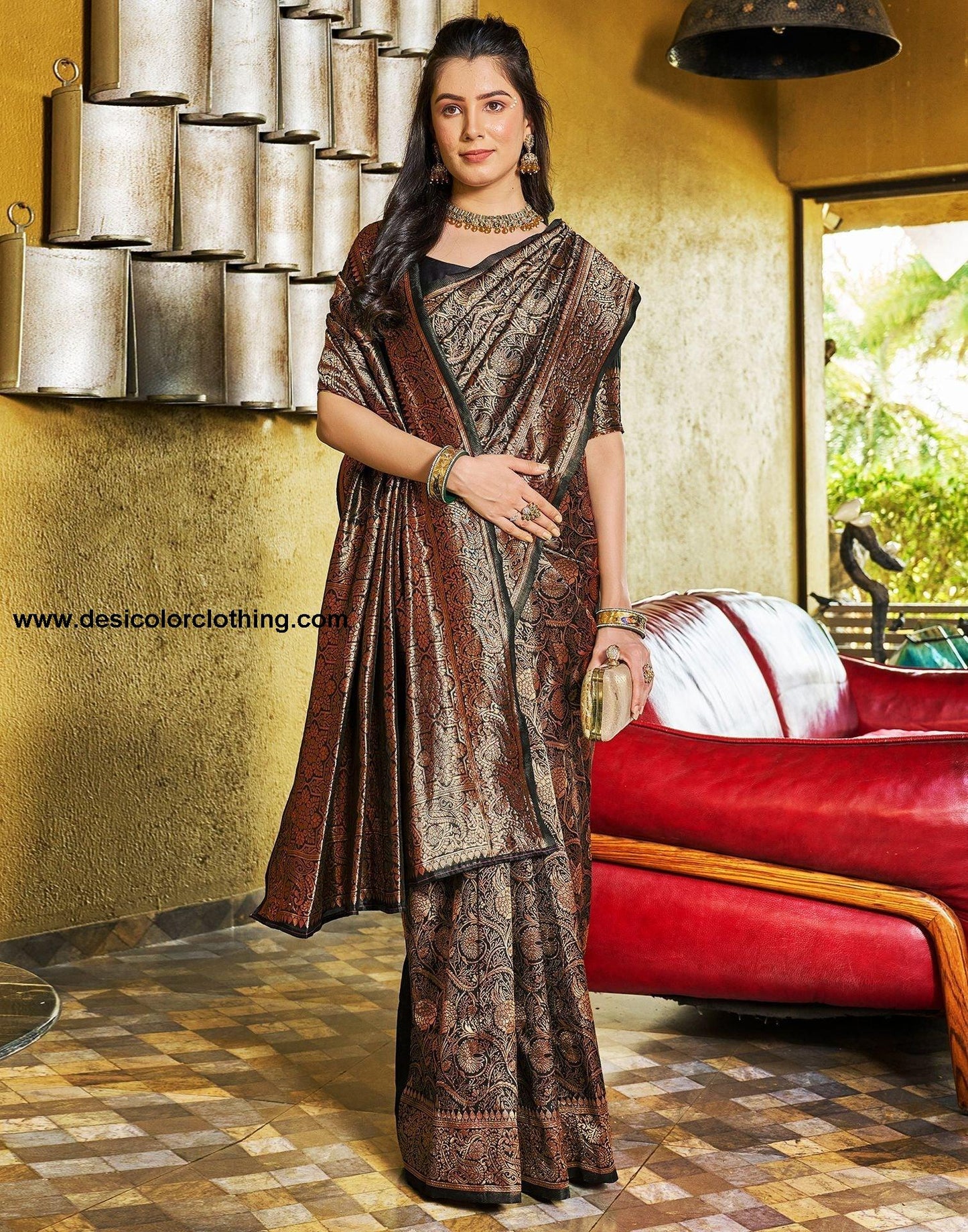 Black and Copper Jacquard Silk Saree