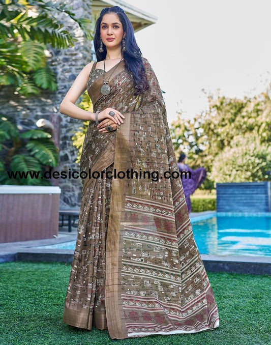 Brown Silk Printed Saree